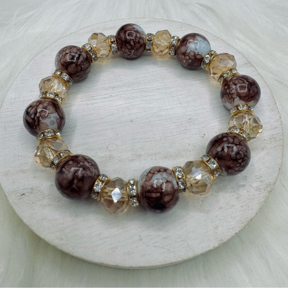 Champagne Brown Glass Bracelet and Blue earth Glass Beaded Bracelet Set - Picture 2 of 6